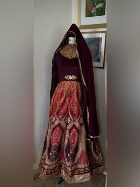 Party wear Indian Printed Anarkali dress with dupatta Wine Red +Gold embroidery